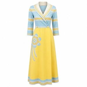 Vintage 60s 70s Maxi Dress Yellow Blue Striped Floral Applique Shawl Collar Mod